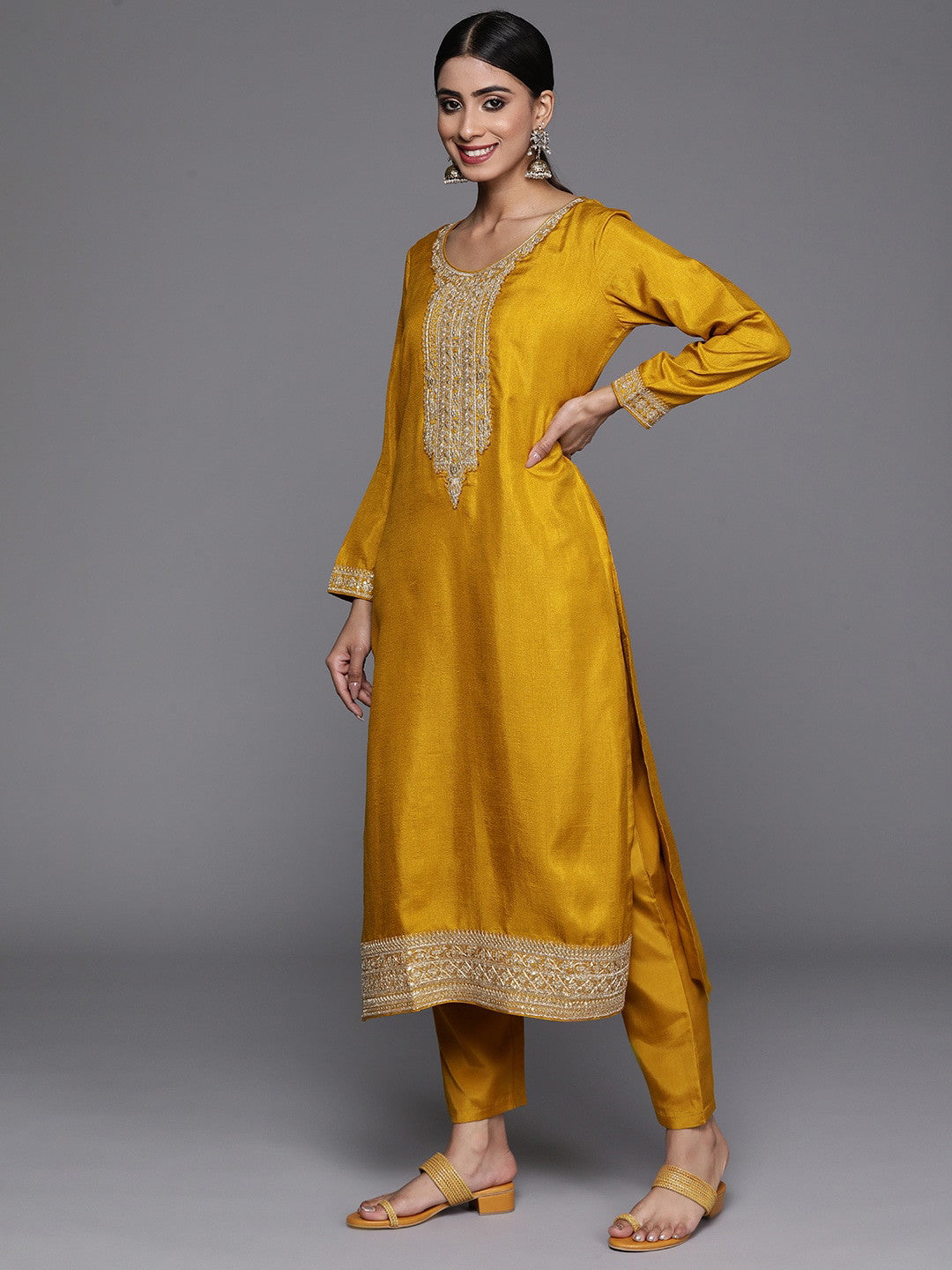 Yellow Party Wear Embroidery Worked Kurta With Pant And Duppata Set Dropshipera