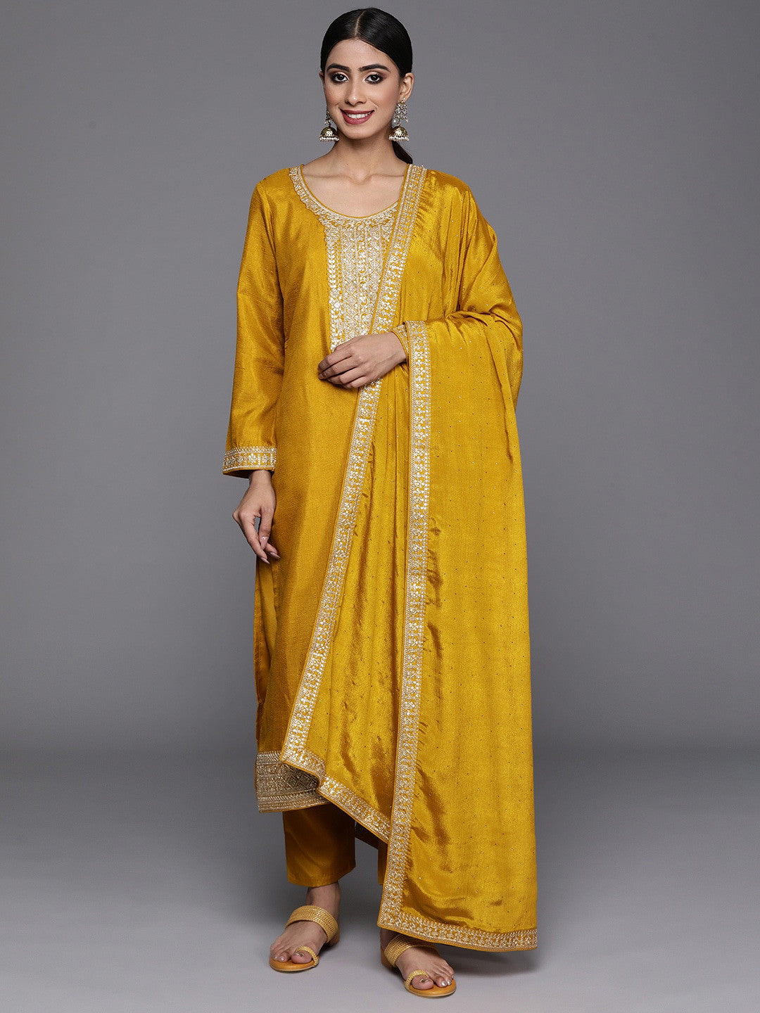 Yellow Party Wear Embroidery Worked Kurta With Pant And Duppata Set Dropshipera