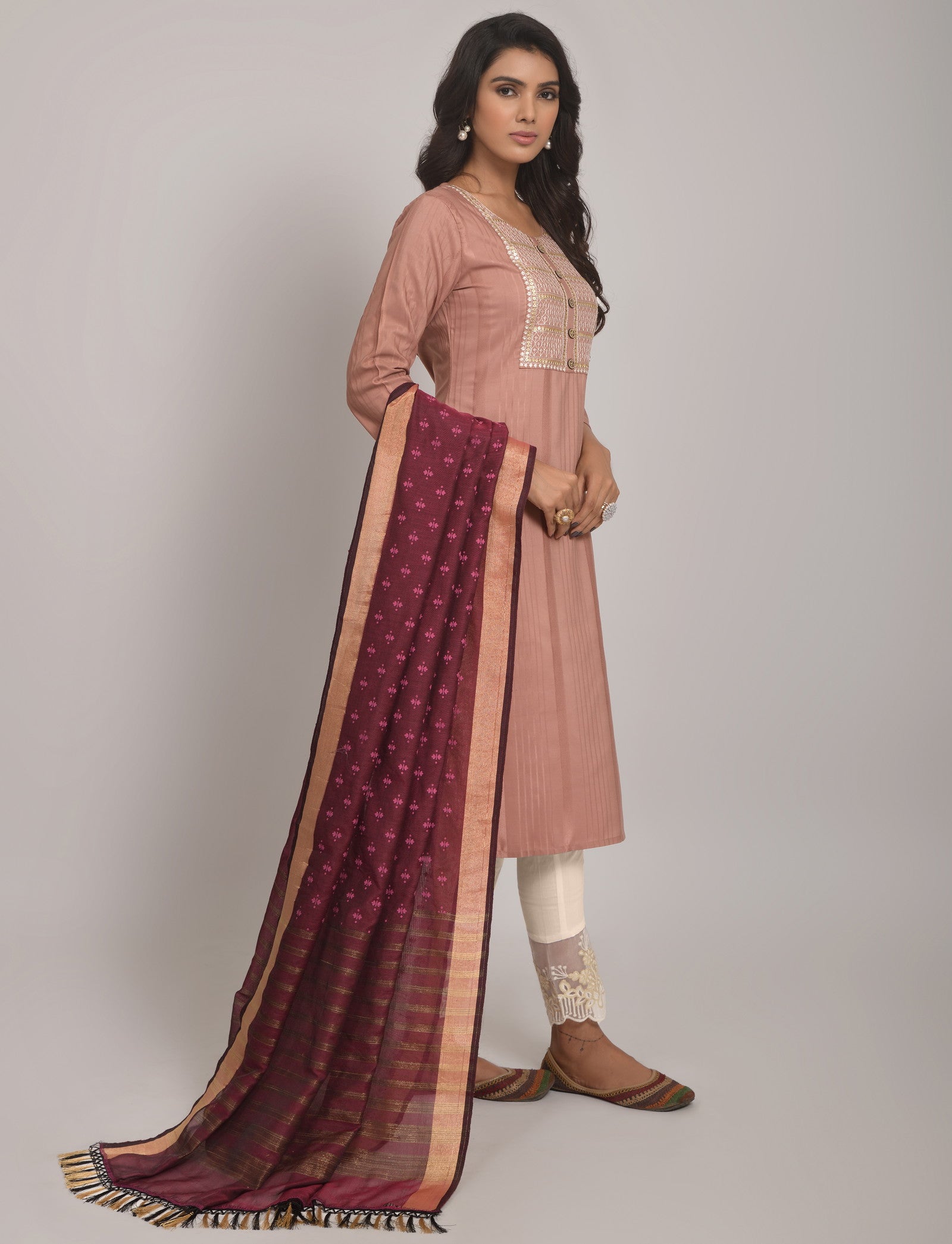 Peach Party Wear Embroidery Worked Kurta With Pant And Duppata Set Dropshipera