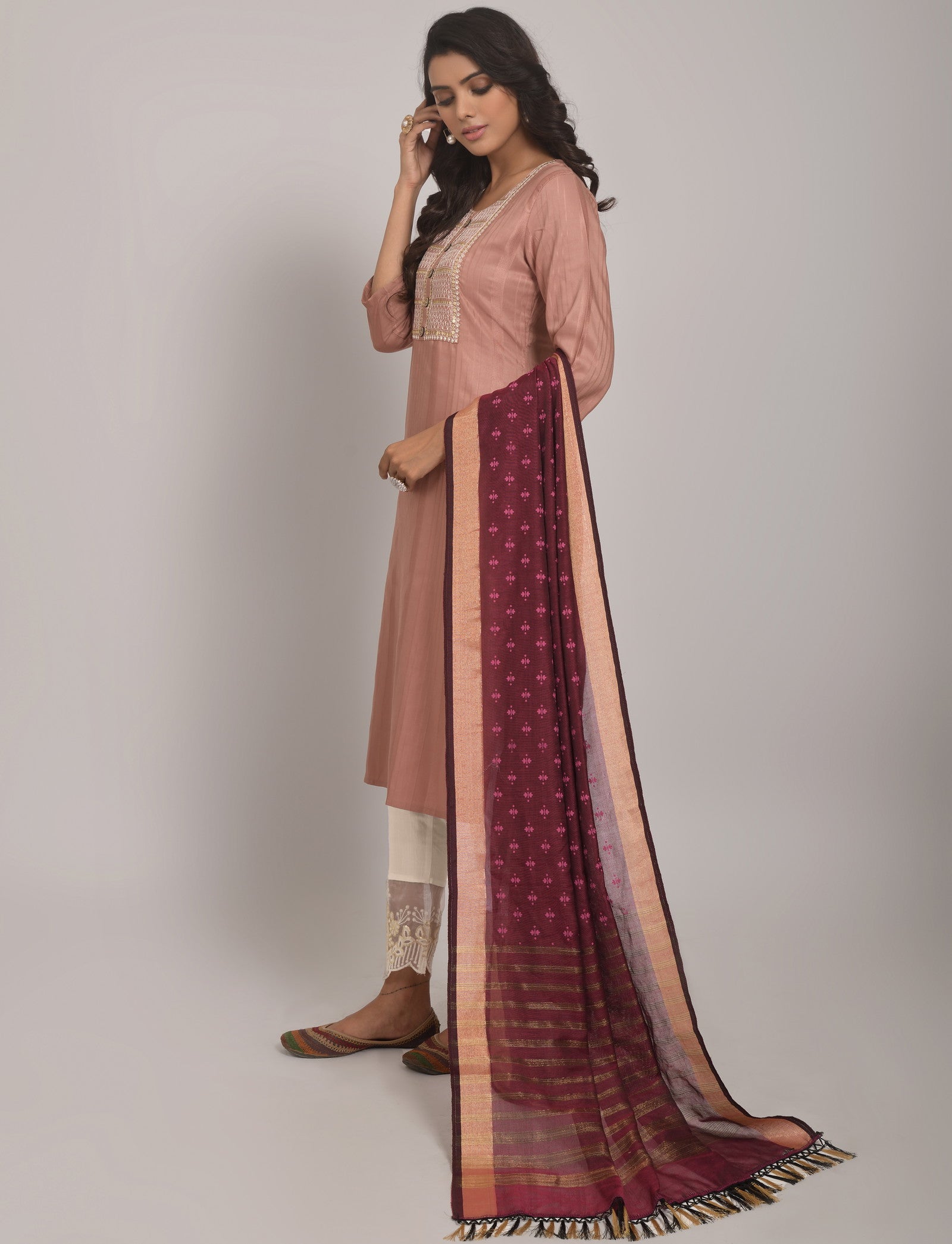 Peach Party Wear Embroidery Worked Kurta With Pant And Duppata Set Dropshipera