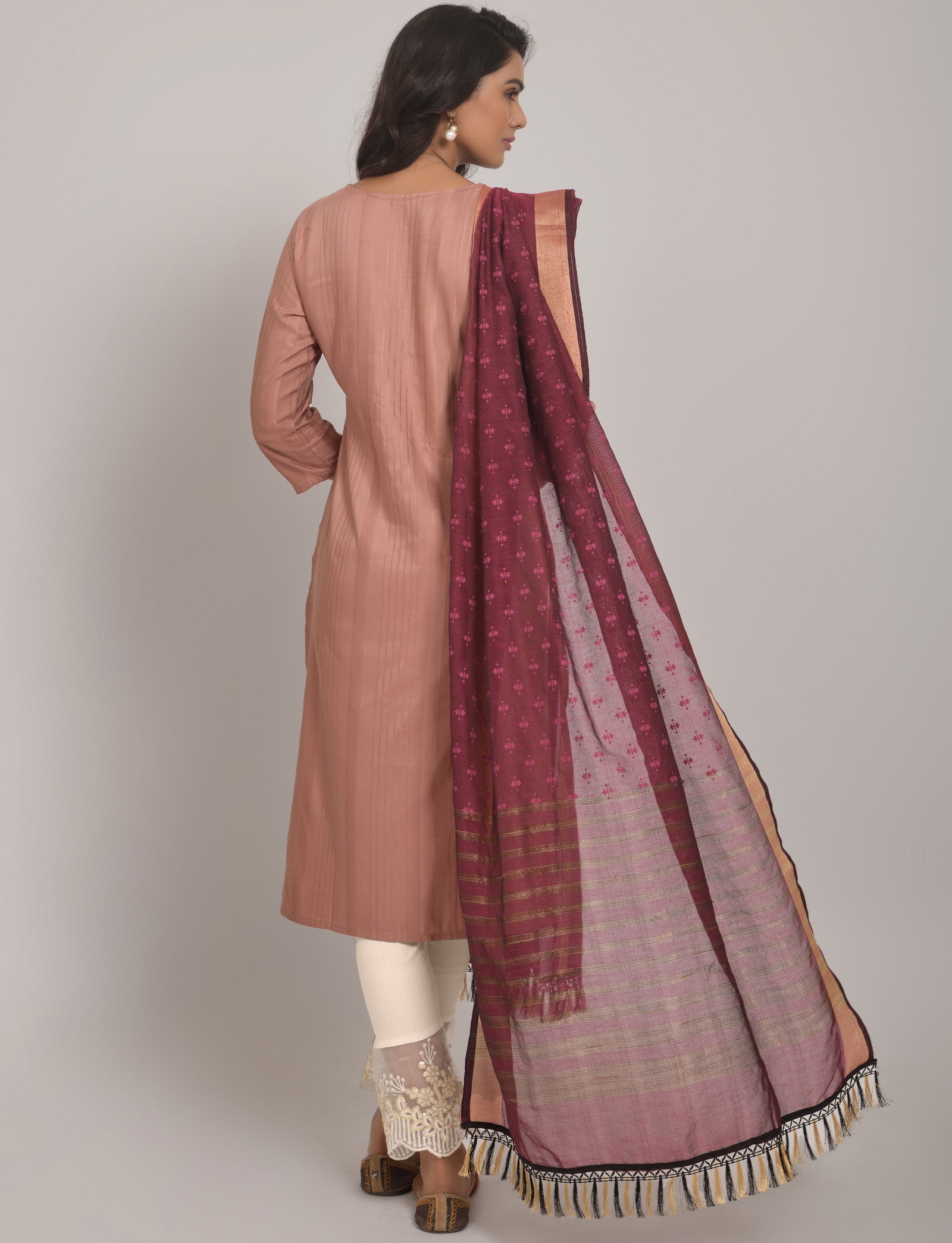Peach Party Wear Embroidery Worked Kurta With Pant And Duppata Set Dropshipera