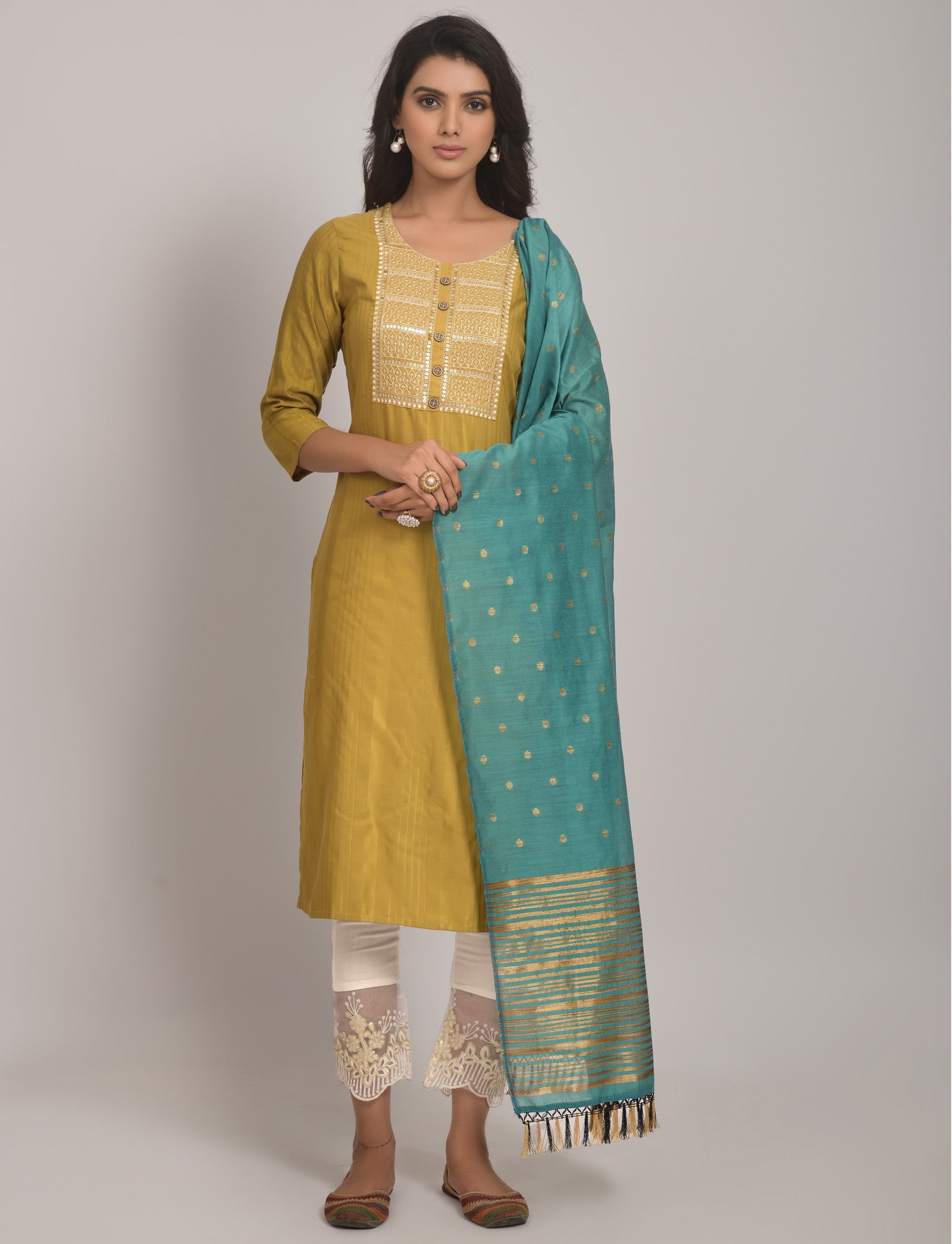 Yellow Party Wear Embroidery Worked Kurta With Pant And Duppata Set Dropshipera
