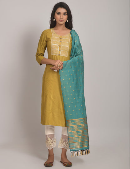 Yellow Party Wear Embroidery Worked Kurta With Pant And Duppata Set Dropshipera