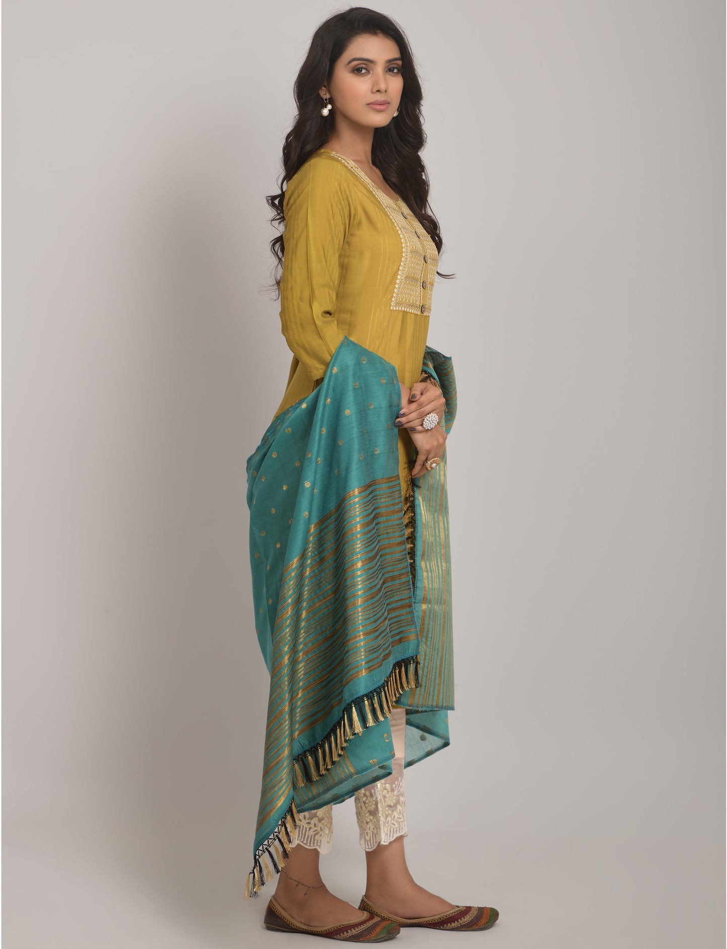 Yellow Party Wear Embroidery Worked Kurta With Pant And Duppata Set Dropshipera
