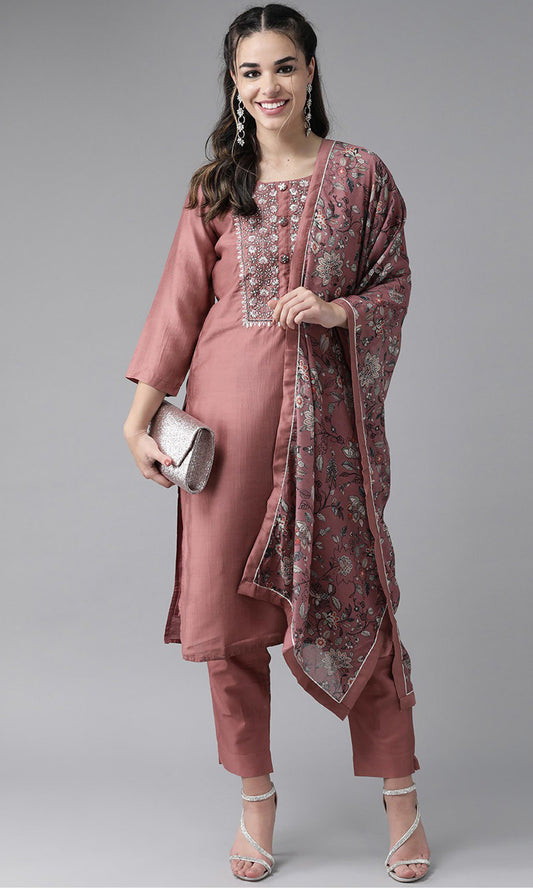 Peach Party Wear Embroidery Worked Kurta With Pant And Duppata Set Dropshipera