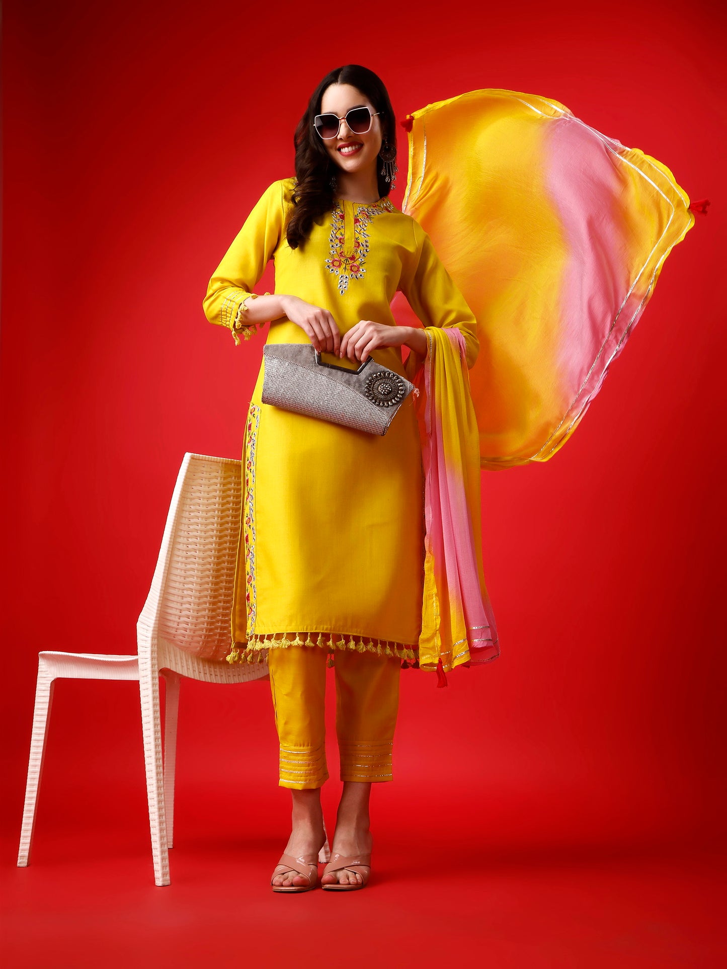 Yellow Party Wear Embroidery Worked Kurta With Pant And Duppata Set Dropshipera