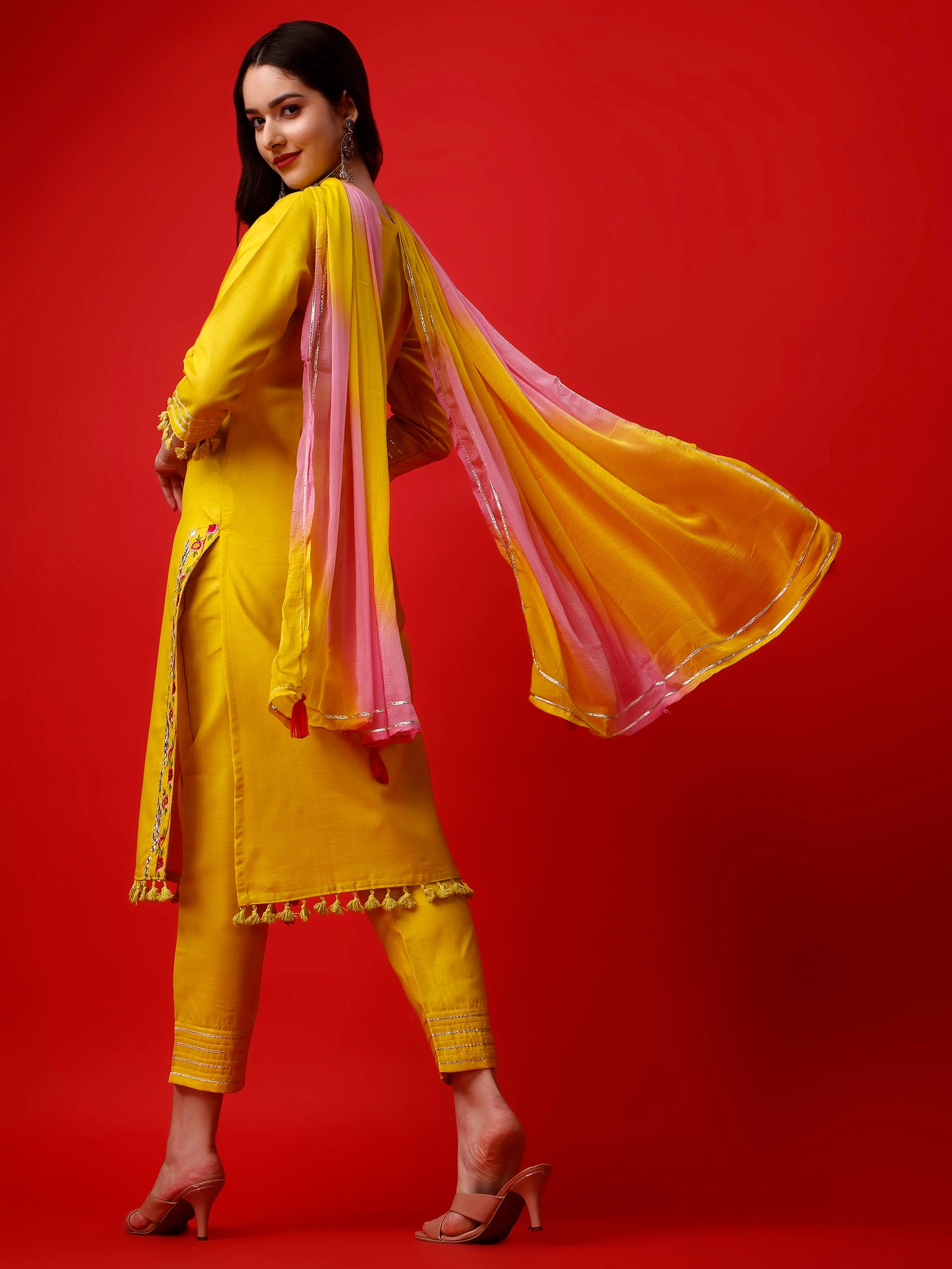 Yellow Party Wear Embroidery Worked Kurta With Pant And Duppata Set Dropshipera