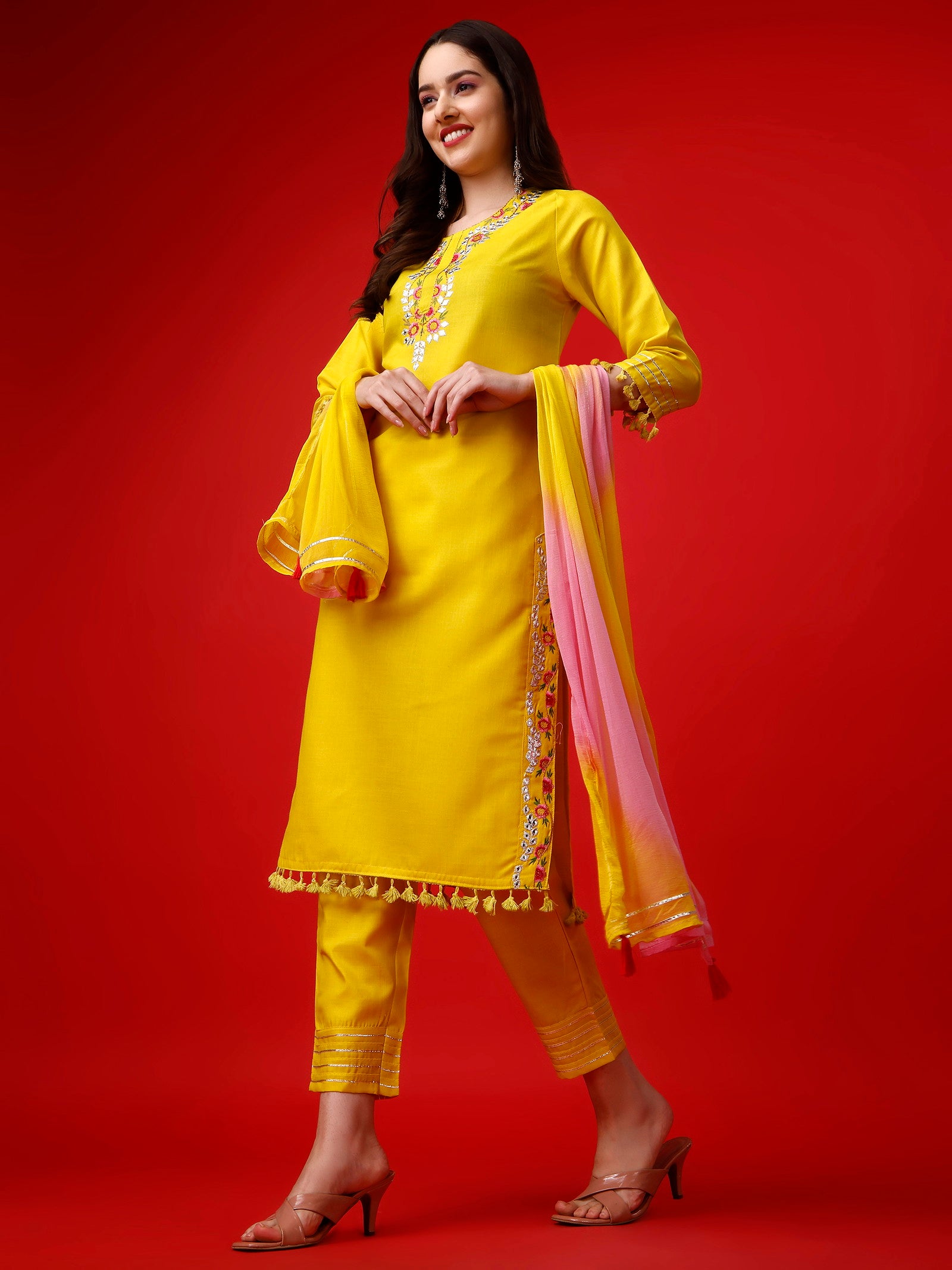 Yellow Party Wear Embroidery Worked Kurta With Pant And Duppata Set Dropshipera