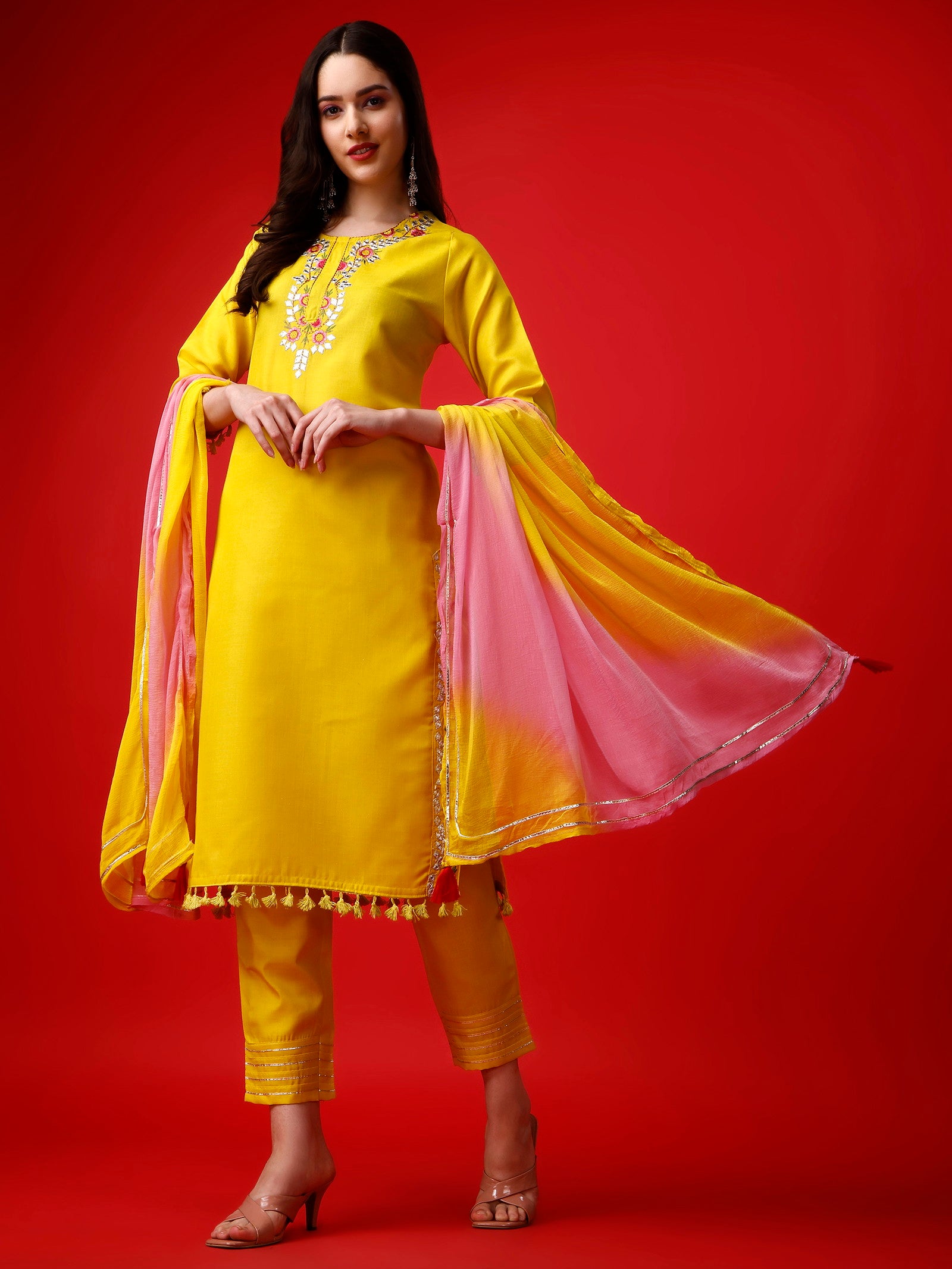 Yellow Party Wear Embroidery Worked Kurta With Pant And Duppata Set Dropshipera