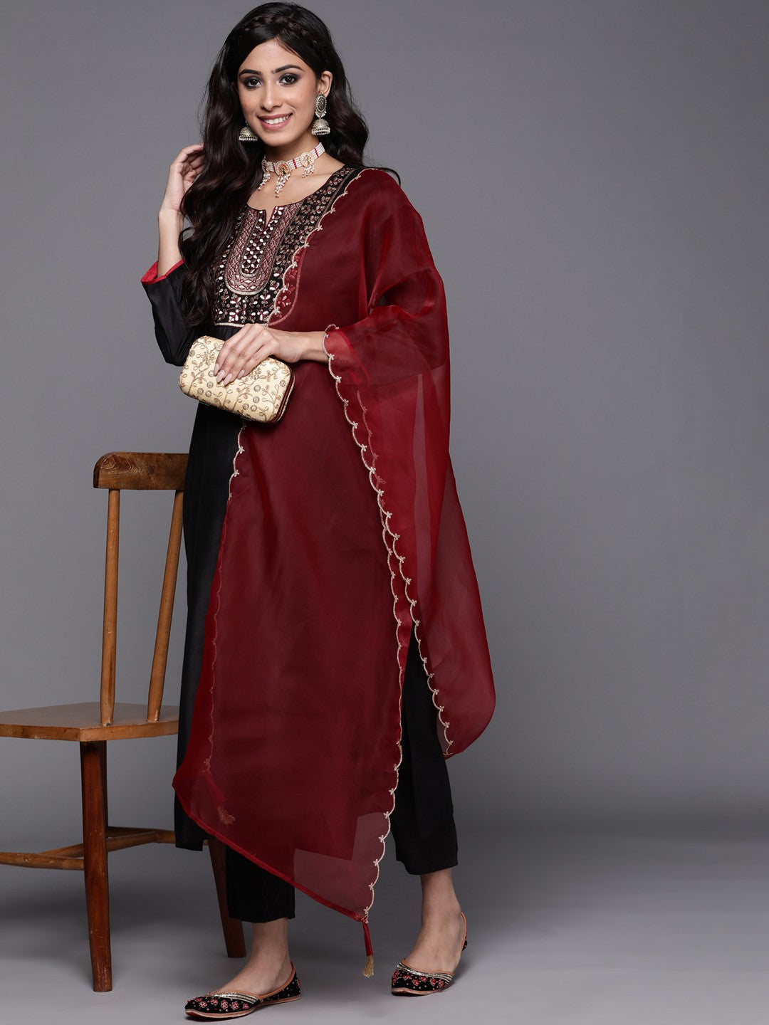 Black Party Wear Embroidery Worked Kurta With Pant And Duppata Set Dropshipera