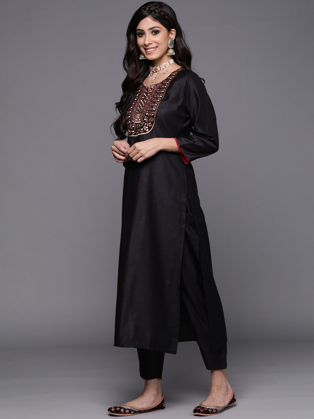 Black Party Wear Embroidery Worked Kurta With Pant And Duppata Set Dropshipera