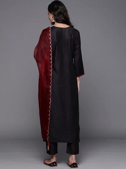 Black Party Wear Embroidery Worked Kurta With Pant And Duppata Set Dropshipera