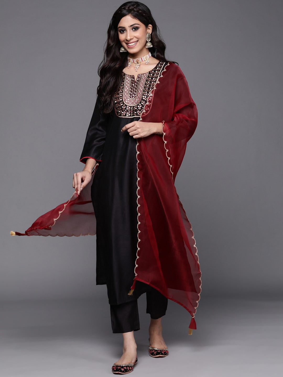 Black Party Wear Embroidery Worked Kurta With Pant And Duppata Set Dropshipera