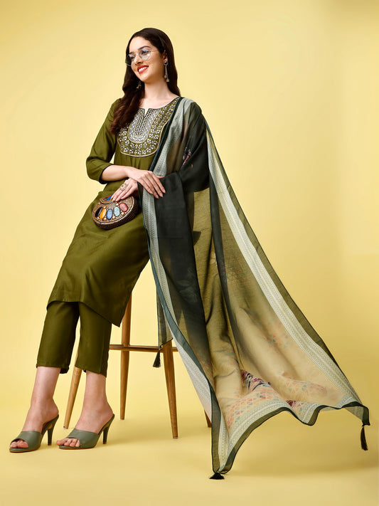 Green Party Wear Embroidery Worked Kurta With Pant And Duppata Set Dropshipera