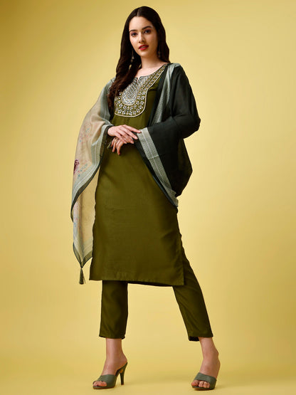 Green Party Wear Embroidery Worked Kurta With Pant And Duppata Set Dropshipera