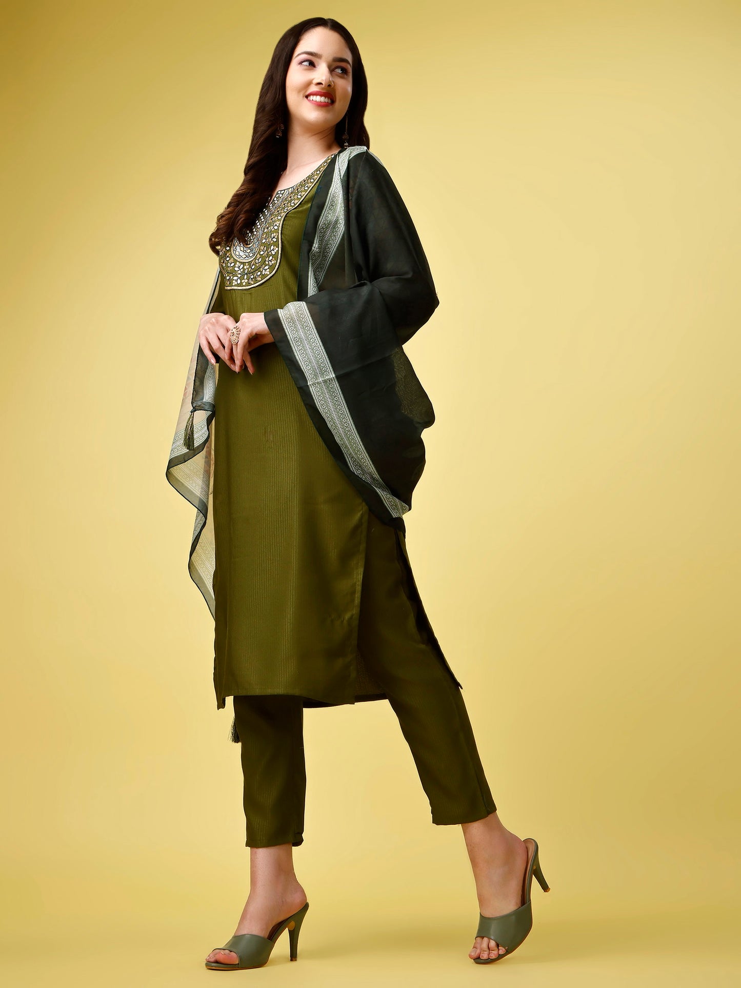 Green Party Wear Embroidery Worked Kurta With Pant And Duppata Set Dropshipera