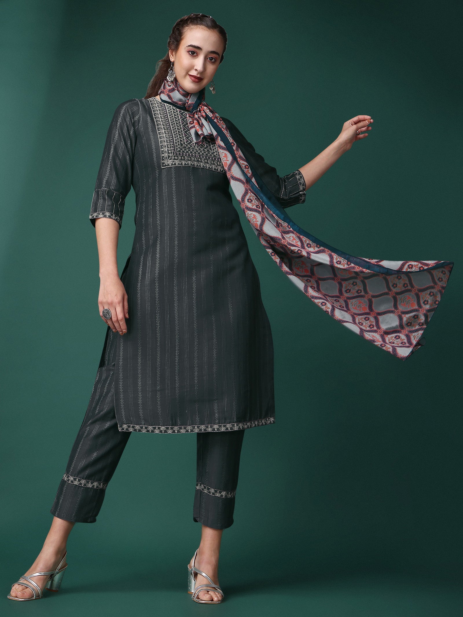 Grey Party Wear Embroidery Worked Kurta With Pant And Duppata Set Dropshipera