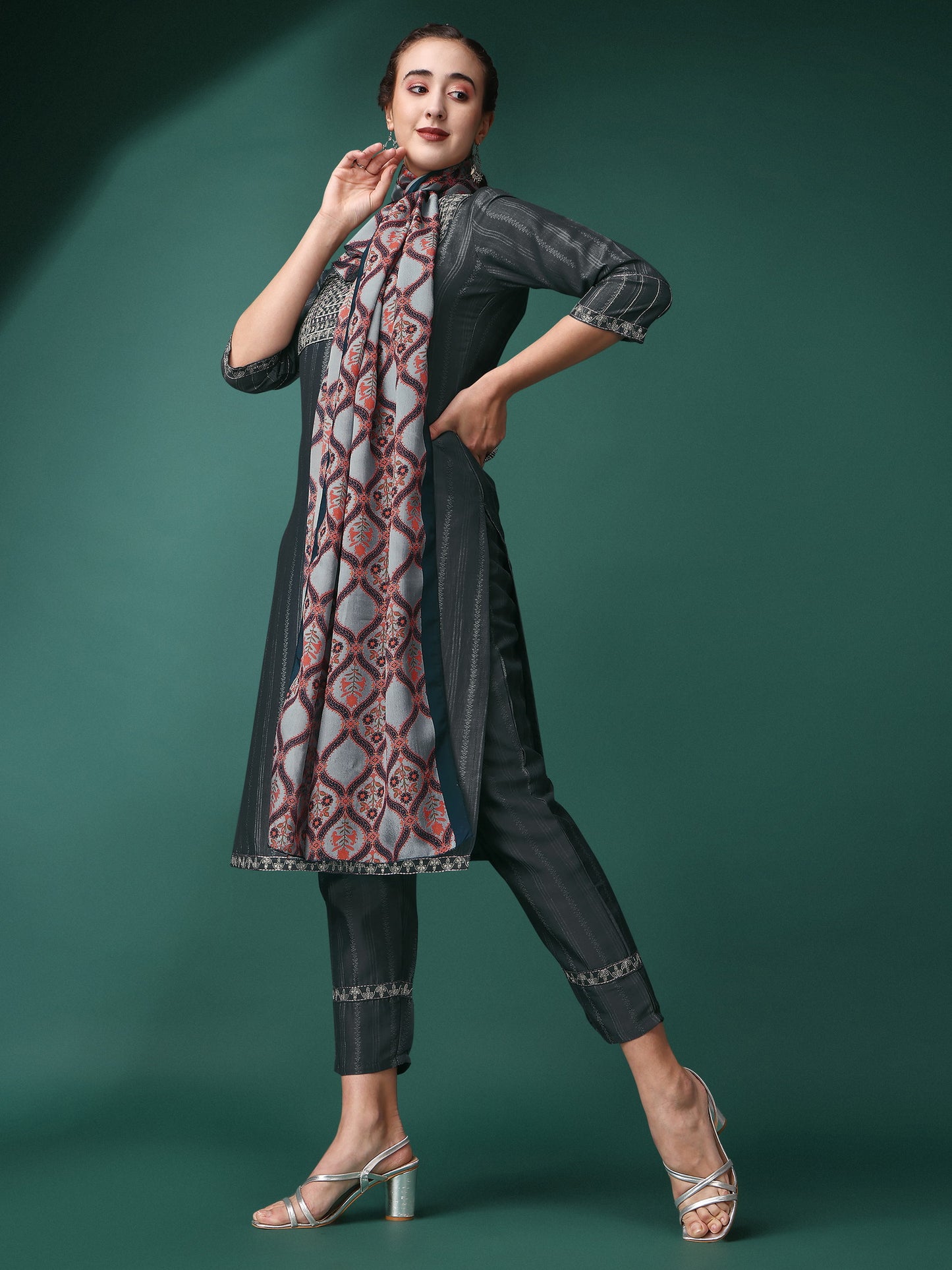 Grey Party Wear Embroidery Worked Kurta With Pant And Duppata Set Dropshipera