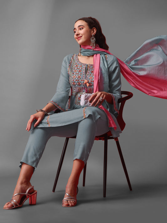 Grey Party Wear Embroidery Worked Kurta With Pant And Duppata Set Dropshipera