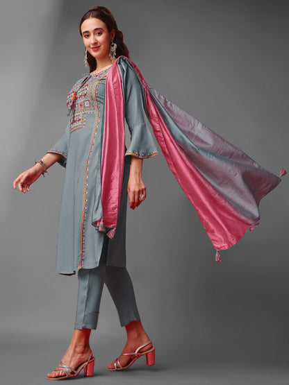 Grey Party Wear Embroidery Worked Kurta With Pant And Duppata Set Dropshipera