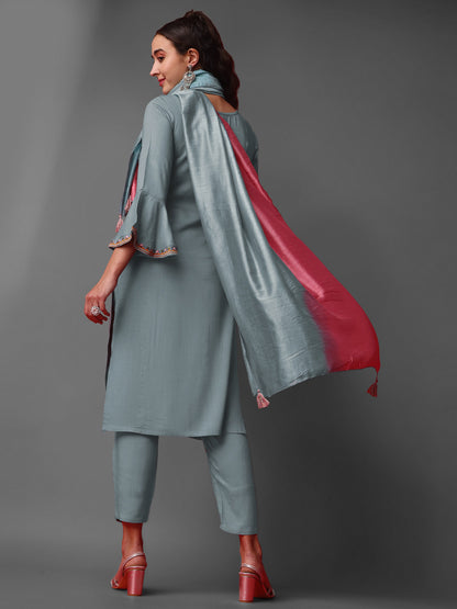 Grey Party Wear Embroidery Worked Kurta With Pant And Duppata Set Dropshipera
