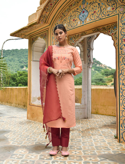 Peach Party Wear Embroidery Worked Kurta With Pant And Duppata Set Dropshipera