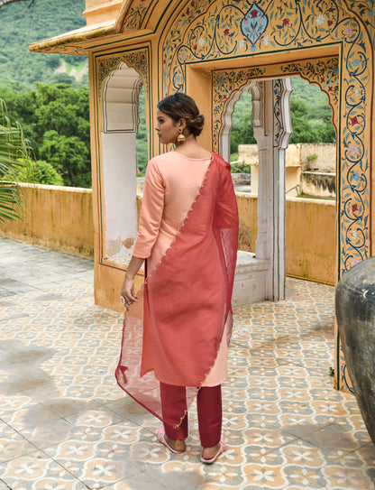 Peach Party Wear Embroidery Worked Kurta With Pant And Duppata Set Dropshipera