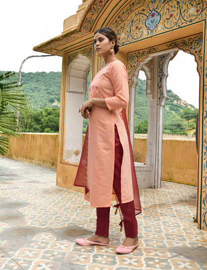 Peach Party Wear Embroidery Worked Kurta With Pant And Duppata Set Dropshipera