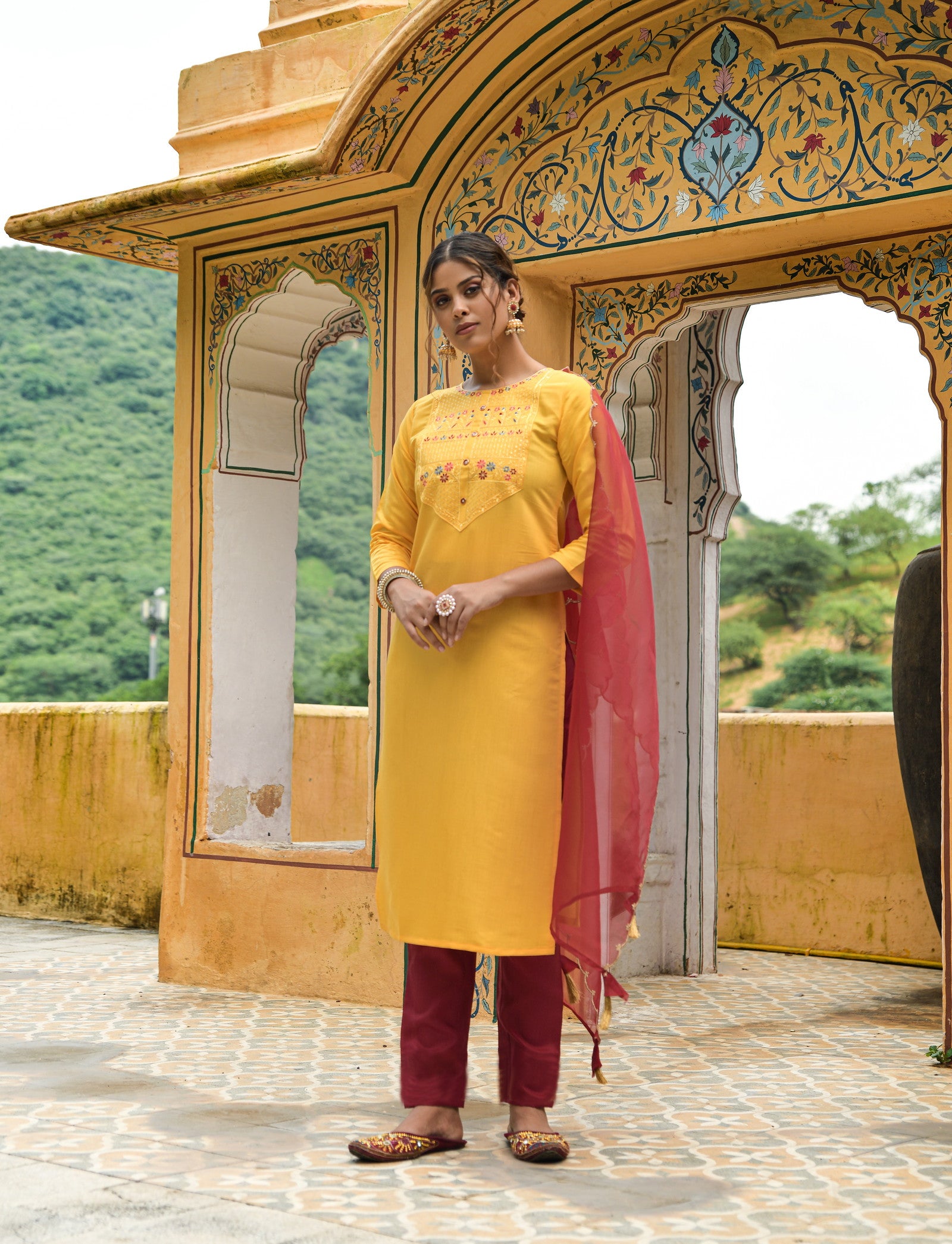 Yellow Party Wear Embroidery Worked Kurta With Pant And Duppata Set Dropshipera