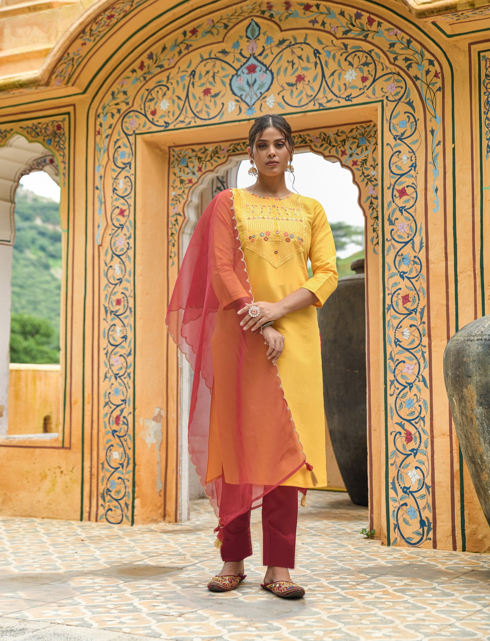 Yellow Party Wear Embroidery Worked Kurta With Pant And Duppata Set Dropshipera