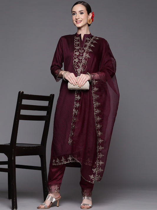 Wine Party Wear Embroidery Worked Kurta With Pant And Duppata Set Dropshipera