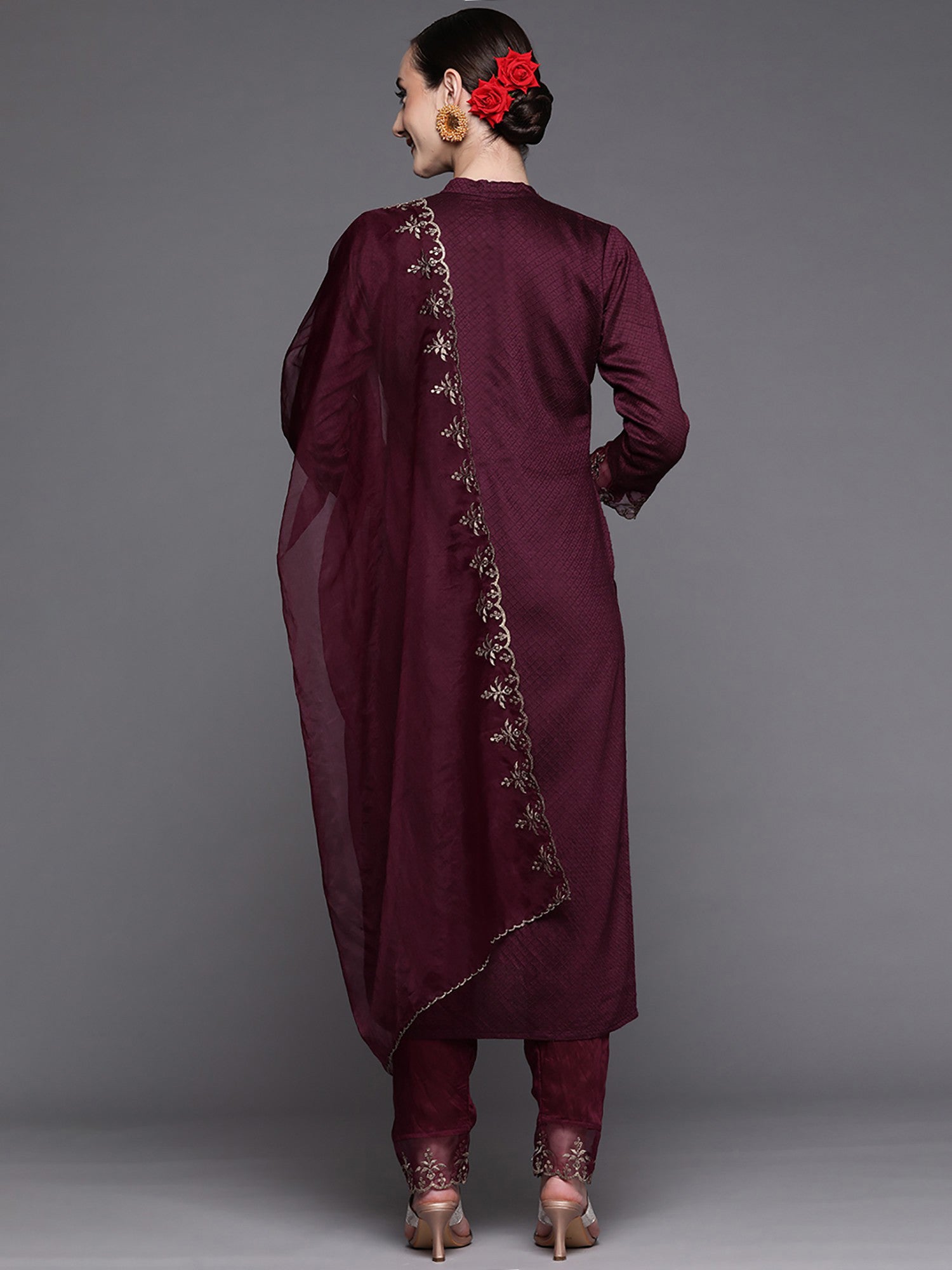 Wine Party Wear Embroidery Worked Kurta With Pant And Duppata Set Dropshipera