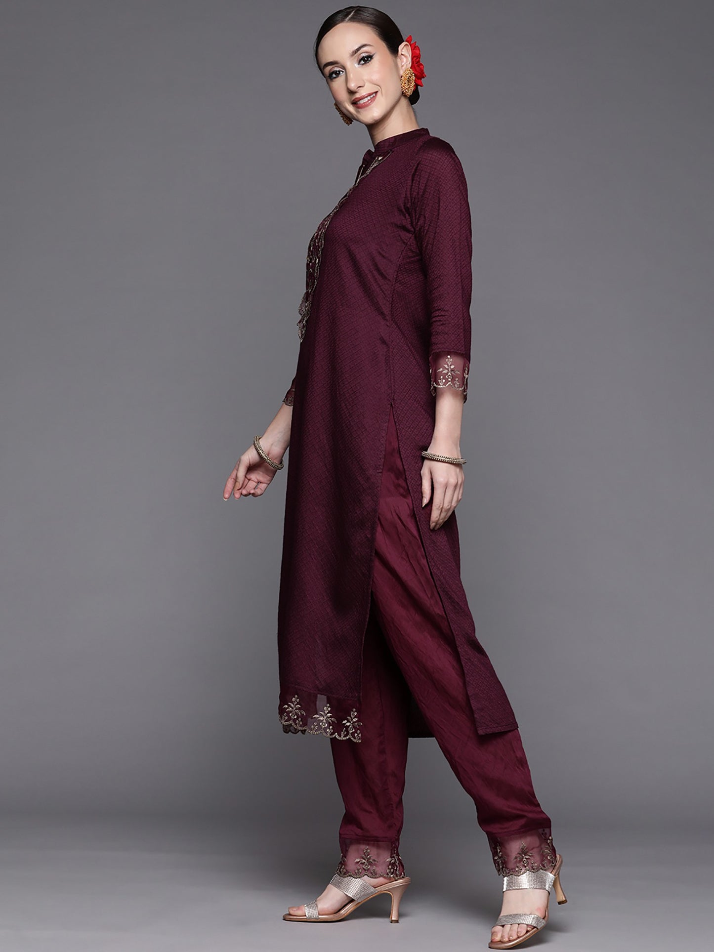 Wine Party Wear Embroidery Worked Kurta With Pant And Duppata Set Dropshipera