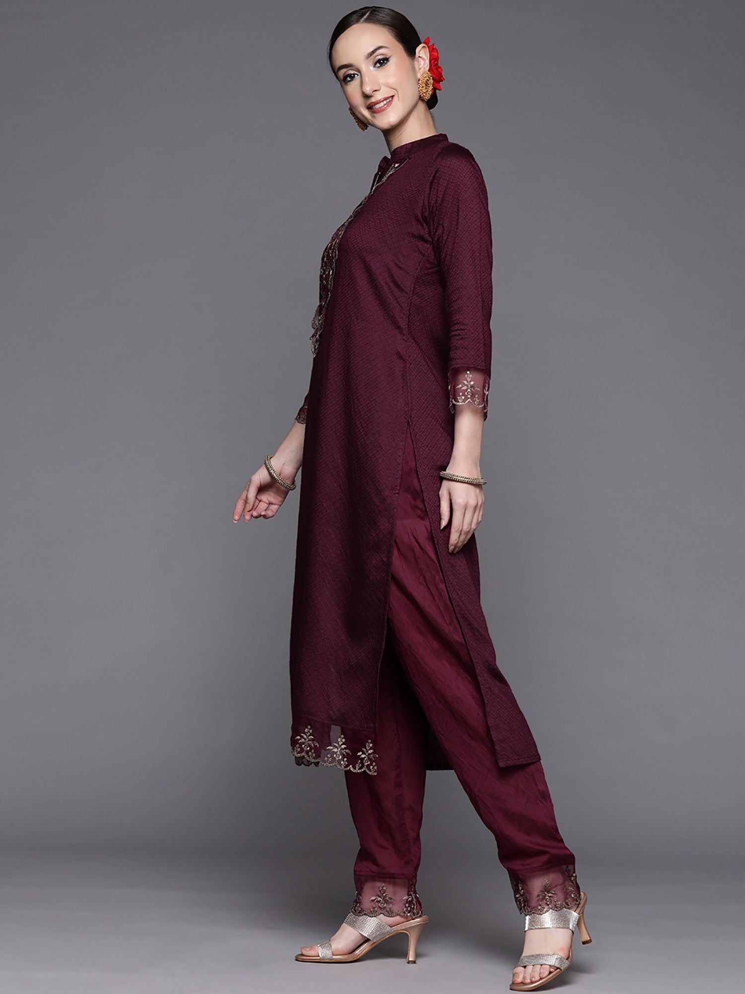 Wine Party Wear Embroidery Worked Kurta With Pant And Duppata Set Dropshipera