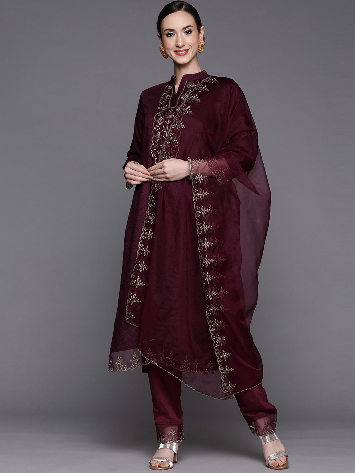 Wine Party Wear Embroidery Worked Kurta With Pant And Duppata Set Dropshipera