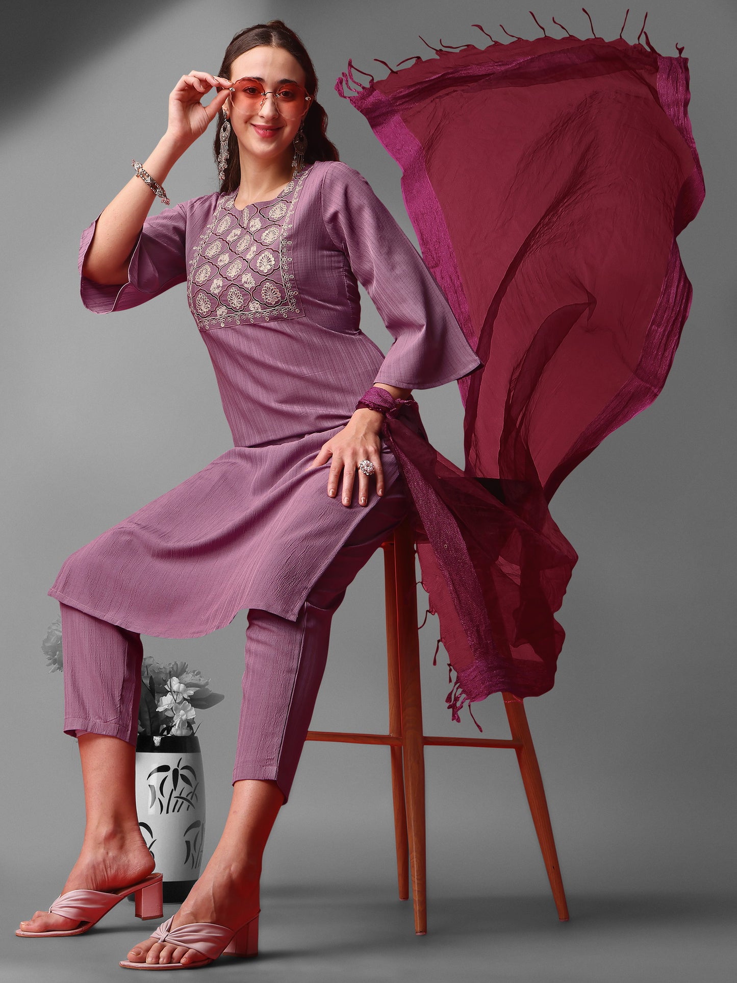 Purple Party Wear Embroidery Worked Kurta With Pant And Duppata Set Dropshipera