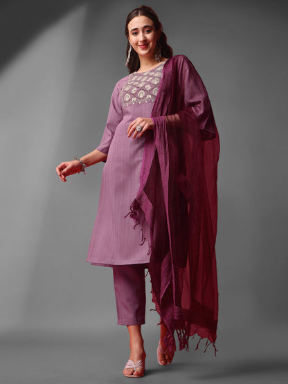 Purple Party Wear Embroidery Worked Kurta With Pant And Duppata Set Dropshipera