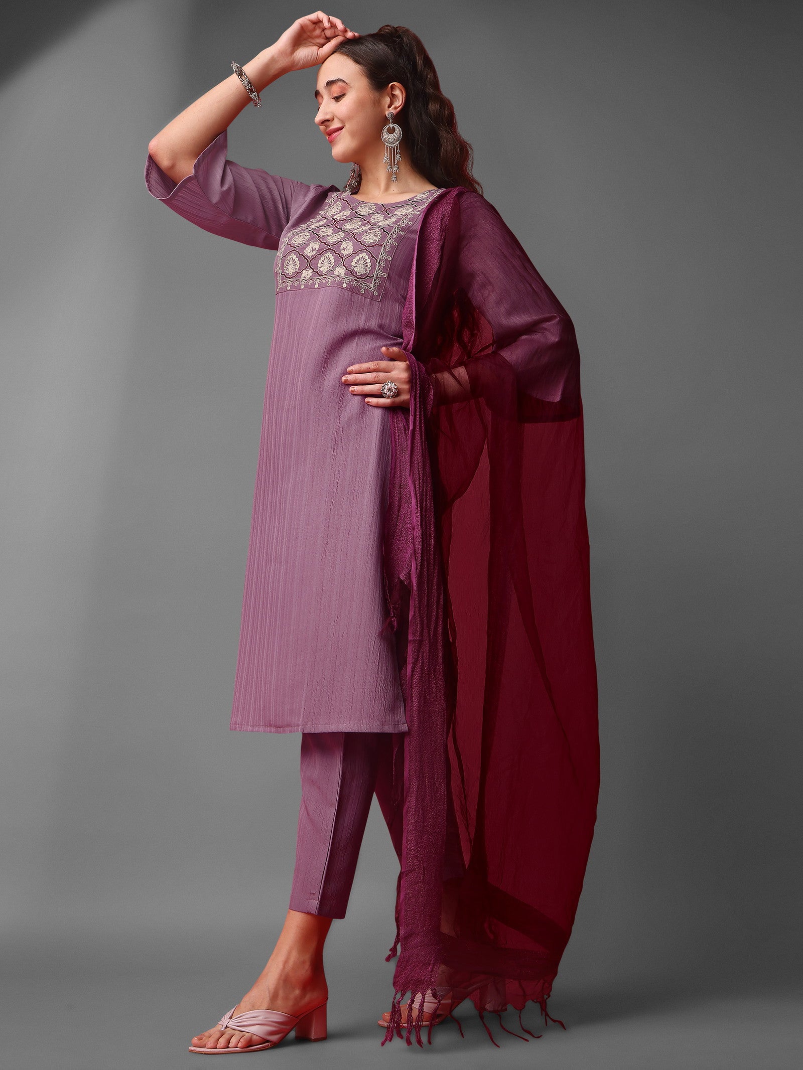 Purple Party Wear Embroidery Worked Kurta With Pant And Duppata Set Dropshipera