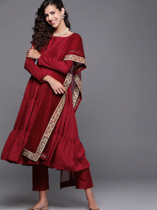 Red Party Wear Embroidery Worked Kurta With Pant And Duppata Set Dropshipera