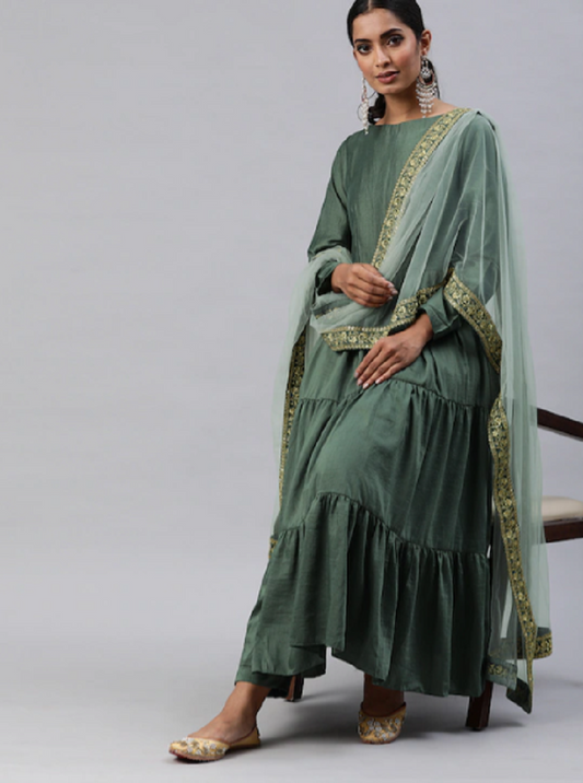 Green Party Wear Embroidery Worked Kurta With Pant And Duppata Set Dropshipera