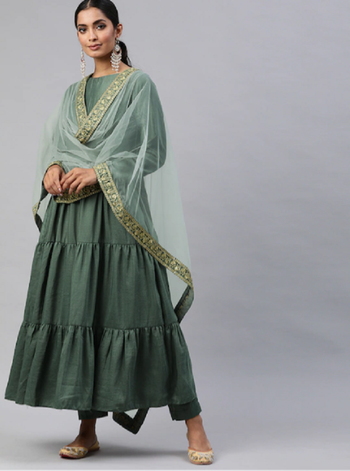 Green Party Wear Embroidery Worked Kurta With Pant And Duppata Set Dropshipera