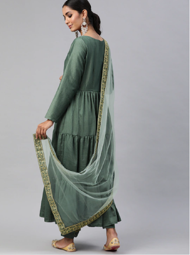 Green Party Wear Embroidery Worked Kurta With Pant And Duppata Set Dropshipera