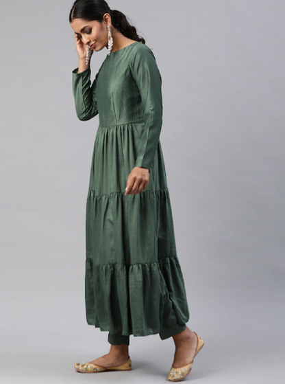 Green Party Wear Embroidery Worked Kurta With Pant And Duppata Set Dropshipera
