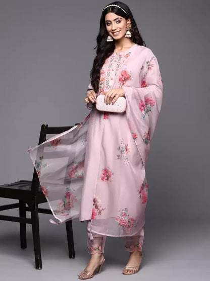 Pink Party Wear Embroidery Worked Kurta With Pant And Duppata Set Dropshipera