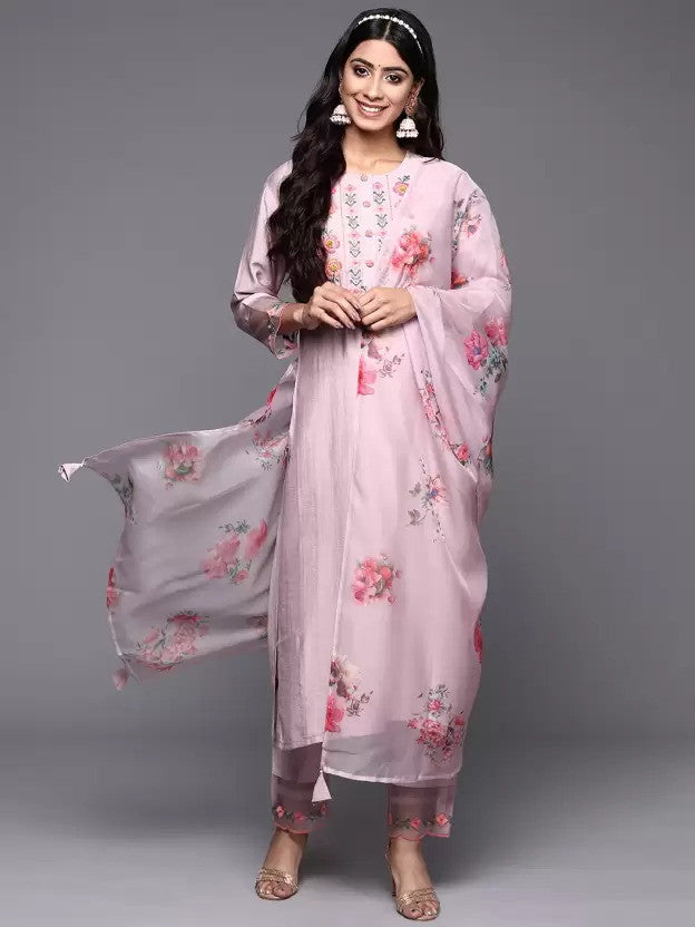 Pink Party Wear Embroidery Worked Kurta With Pant And Duppata Set Dropshipera