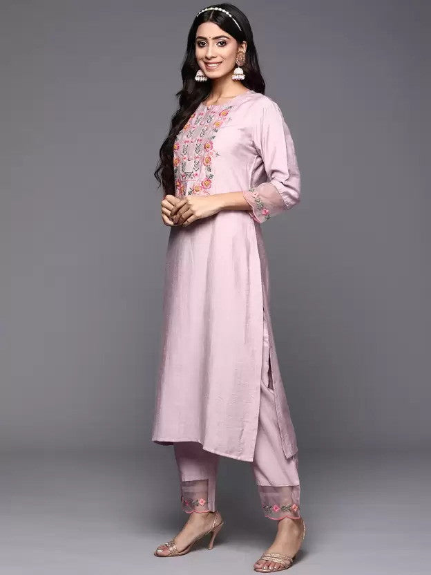 Pink Party Wear Embroidery Worked Kurta With Pant And Duppata Set Dropshipera