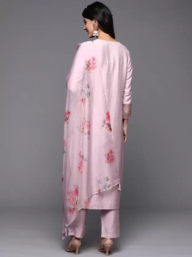 Pink Party Wear Embroidery Worked Kurta With Pant And Duppata Set Dropshipera