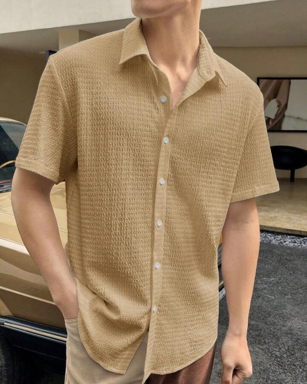 Cream Colour Men  Casual Wear Cotton Structured Shirt Dropshipera