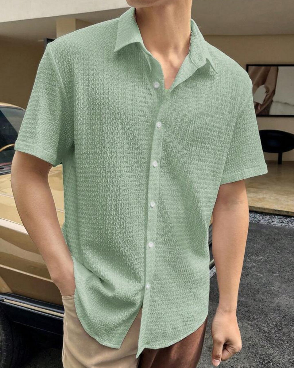 Light Green Colour Men's Casual Wear Cotton Structured Shirt Dropshipera