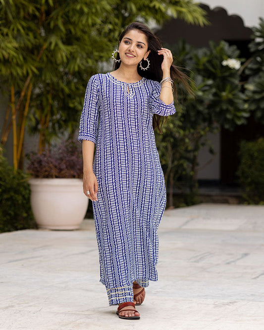 Blue Colour Pure Muslin Readymade Kurti With Bottom Set For Women's Dropshipera